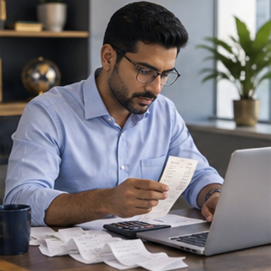 Accountant and business owner reviewing finance documents in a Dubai office