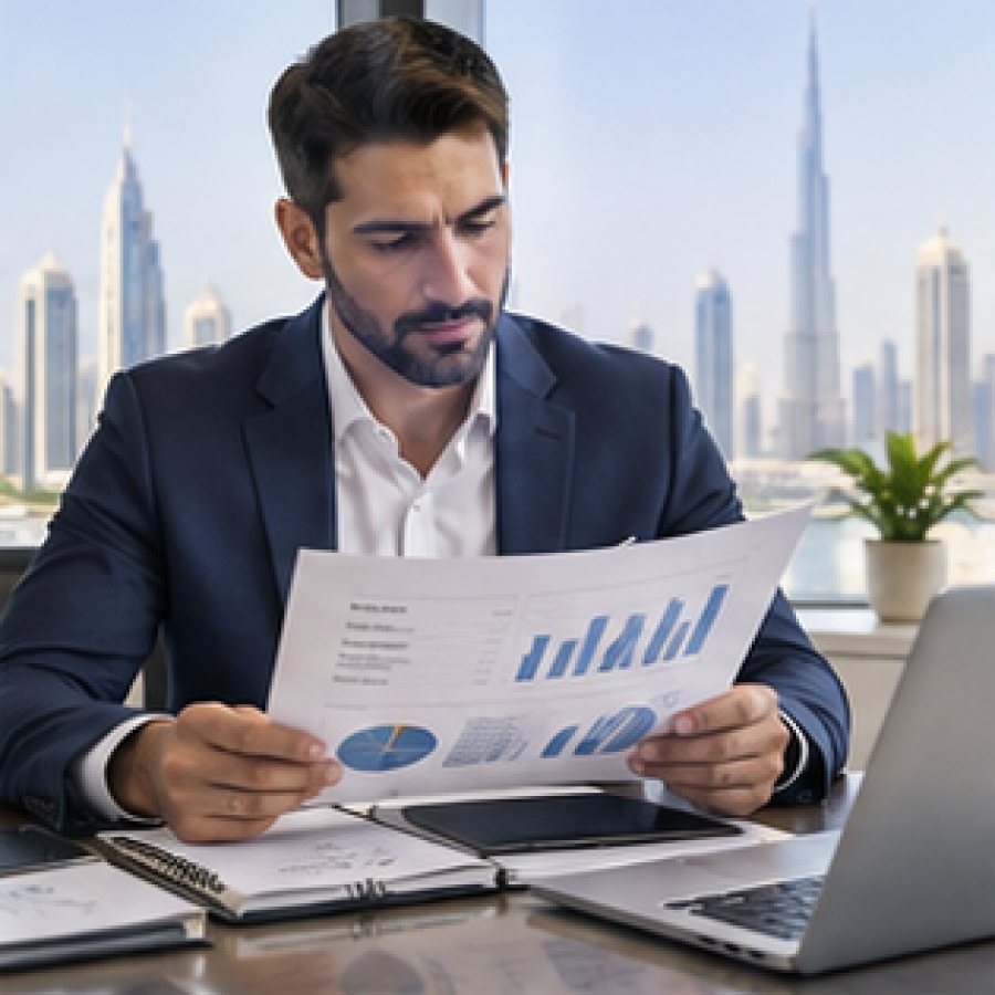 Financial statements and performance charts reviewed by a business owner