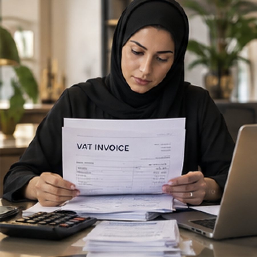 VAT invoice reviewed by an accountant in a UAE office