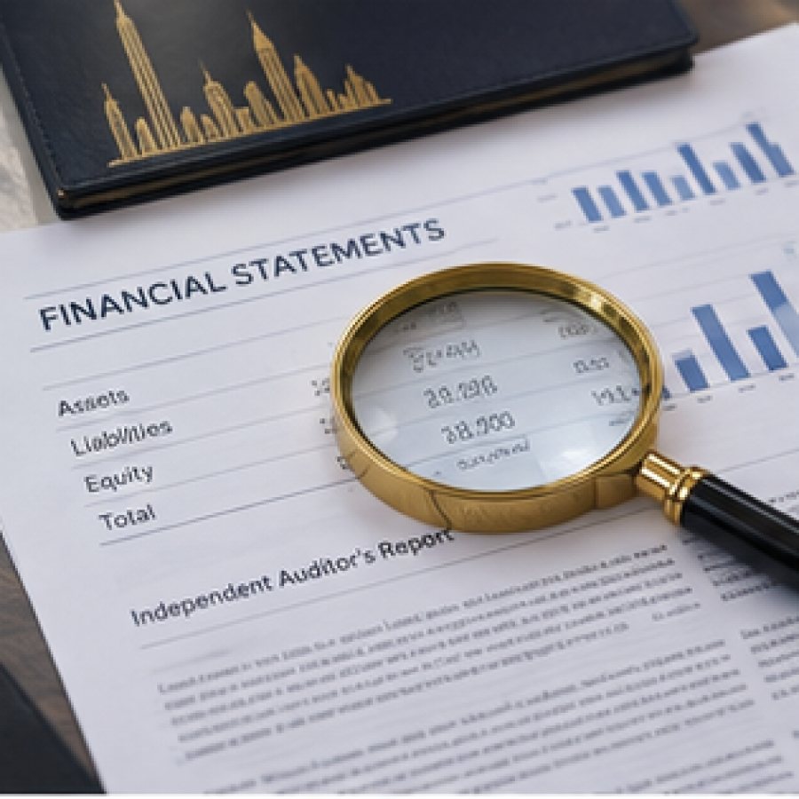 Auditor reviewing a company financial statement and ledger
