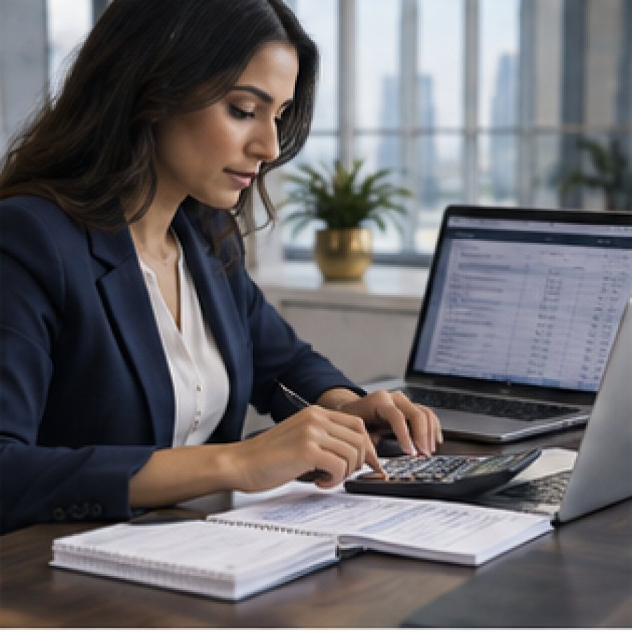 Bookkeeper reconciling business records using a laptop