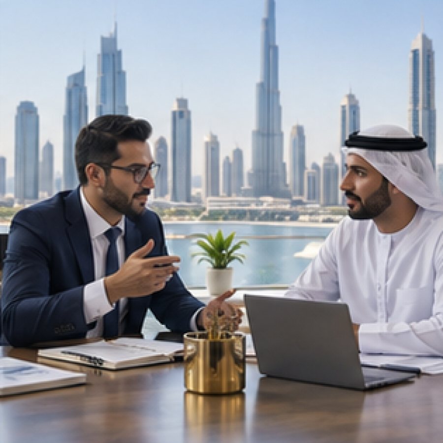 Business advisers discussing accounting information in Dubai
