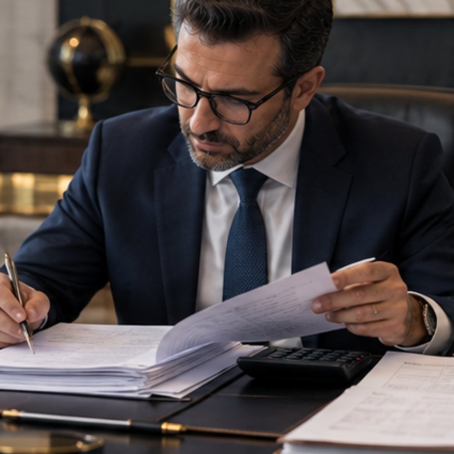 Finance professional reviewing records at a business desk
