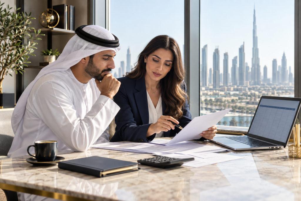 UAE business owner and accountant reviewing financial records in a Dubai office