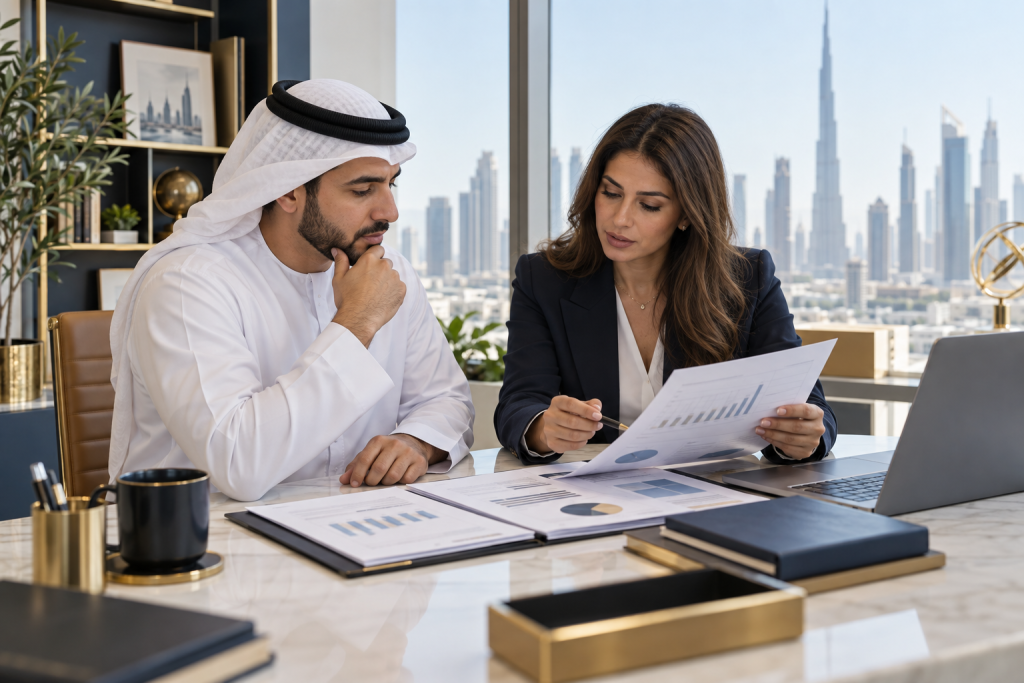 UAE small-business owner and accountant reviewing revenue records