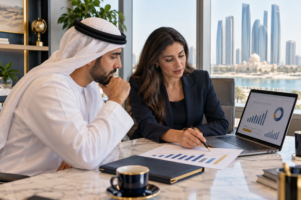 UAE finance manager reviewing cash-flow charts and management accounts