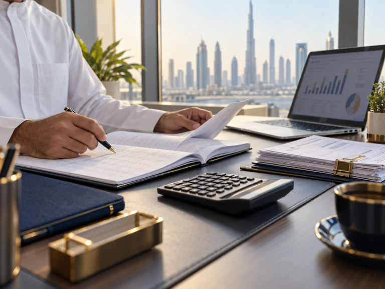 UAE accounting professional reviewing ledger records and financial reports beside a Dubai skyline