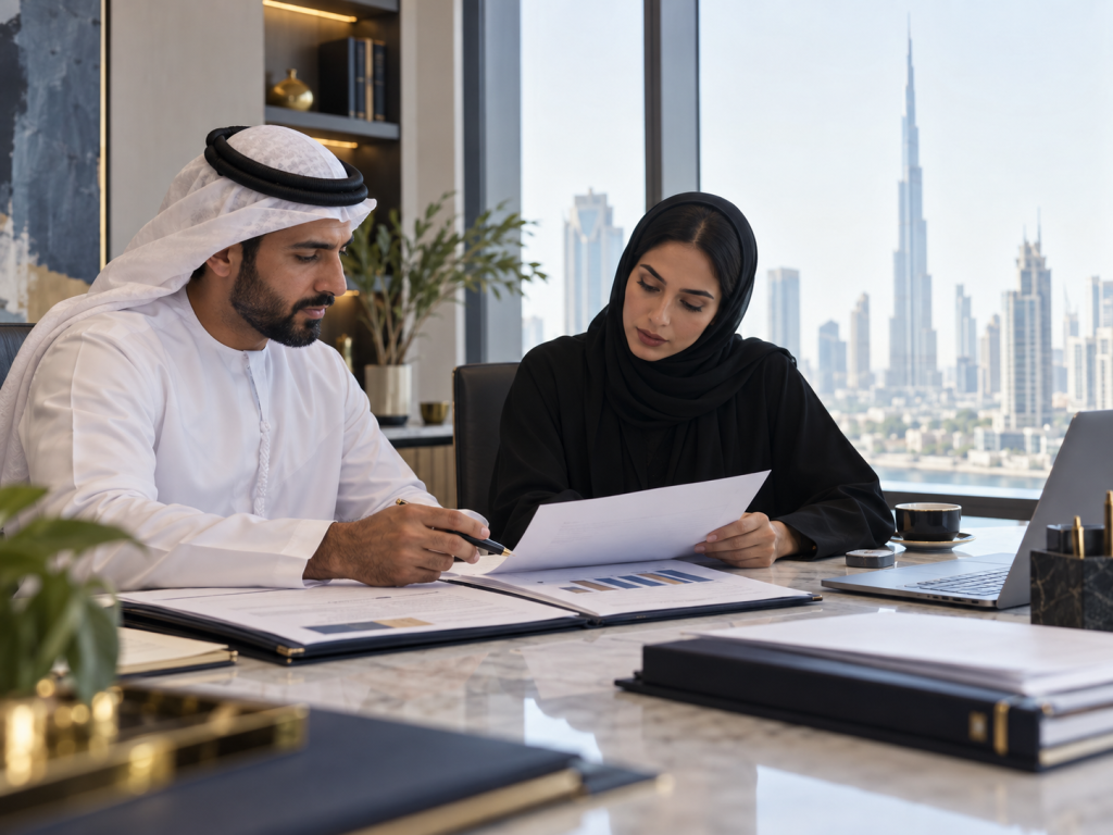 UAE finance colleagues reviewing audit records together in a Dubai office