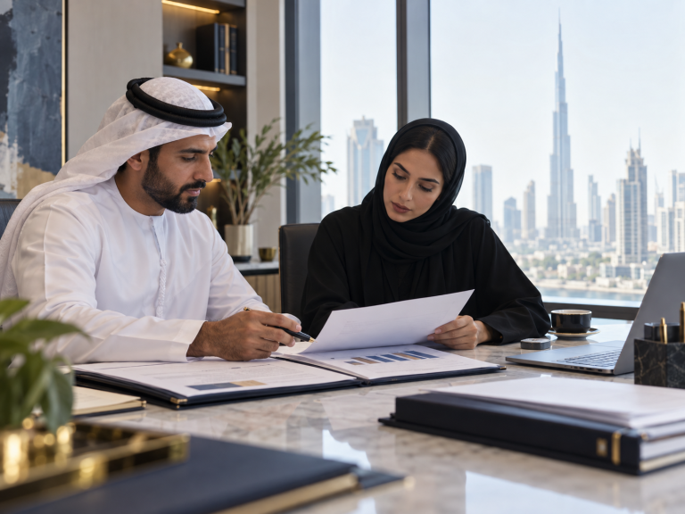 UAE finance colleagues reviewing audit records together in a Dubai office