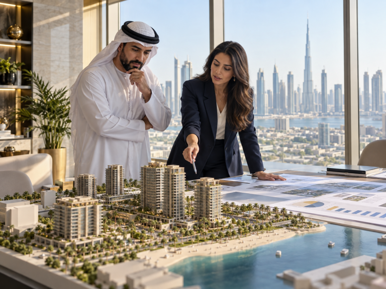 Consultants reviewing a development model and financial feasibility materials in Dubai