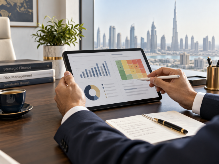 Risk adviser reviewing financial dashboards and control indicators in a Dubai office