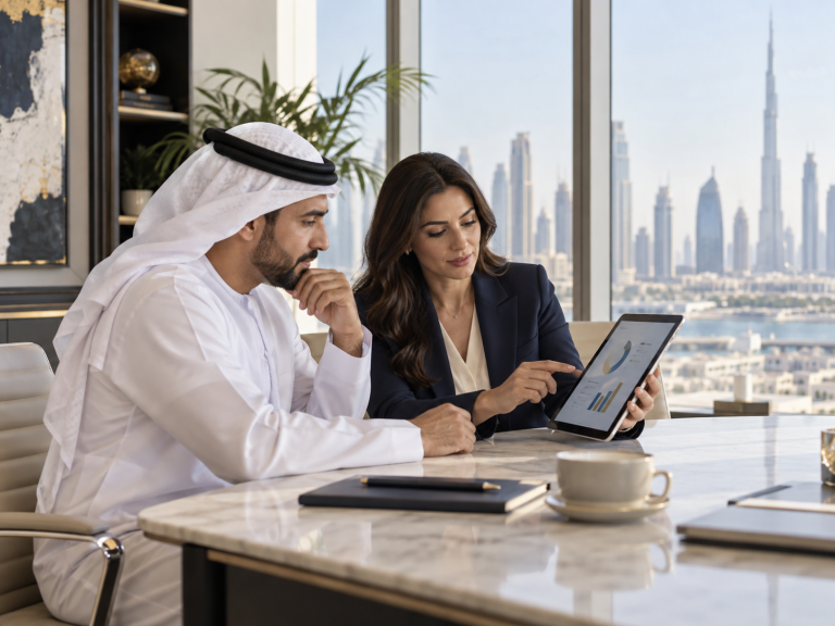 Business advisers discussing financial reports and tax records in a Dubai office